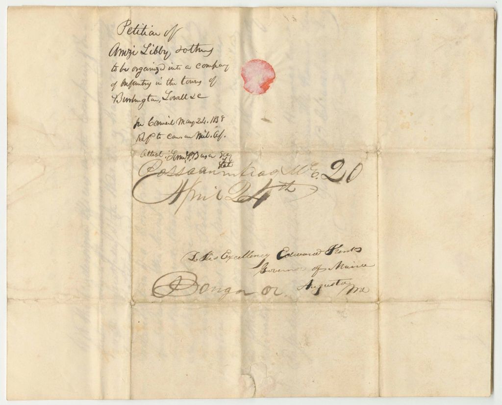 Miniature of Petition of Amzi Libby and Others To Be Organized Into a Company of Infantry in the Towns of Burlington, Lowell, and Passadumkeag