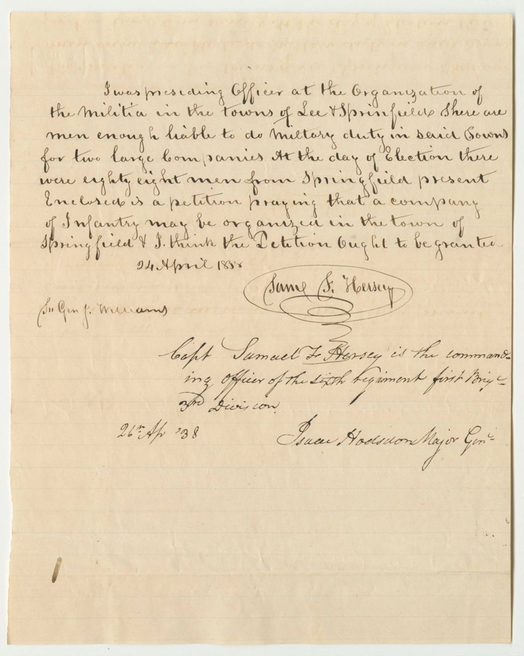 Miniature of Communication from Samuel F. Hersey Relating to the Petition for the Organization of a Company of Infantry in the Town of Springfield