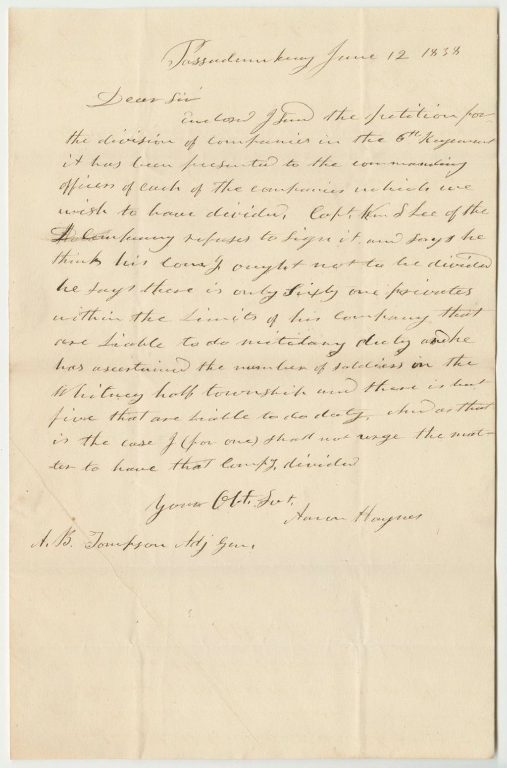 Miniature of Communication from Aaron Haynes Relating to the Petition for the Division of the Companies in the 6th Regiment