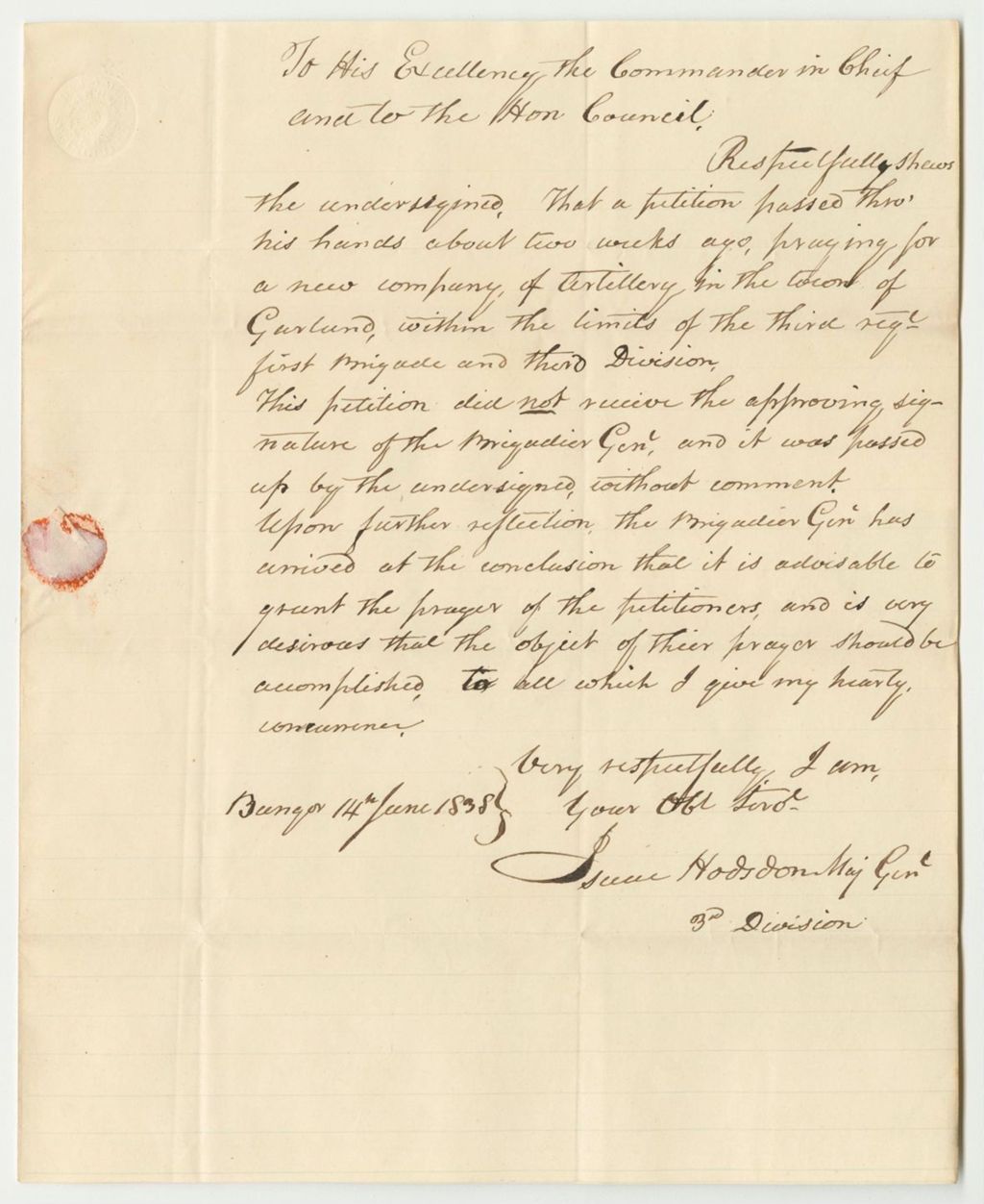 Miniature of Communication from Isaac Hodsdon in Relation to the Petition for a Company of Artillery in Garland