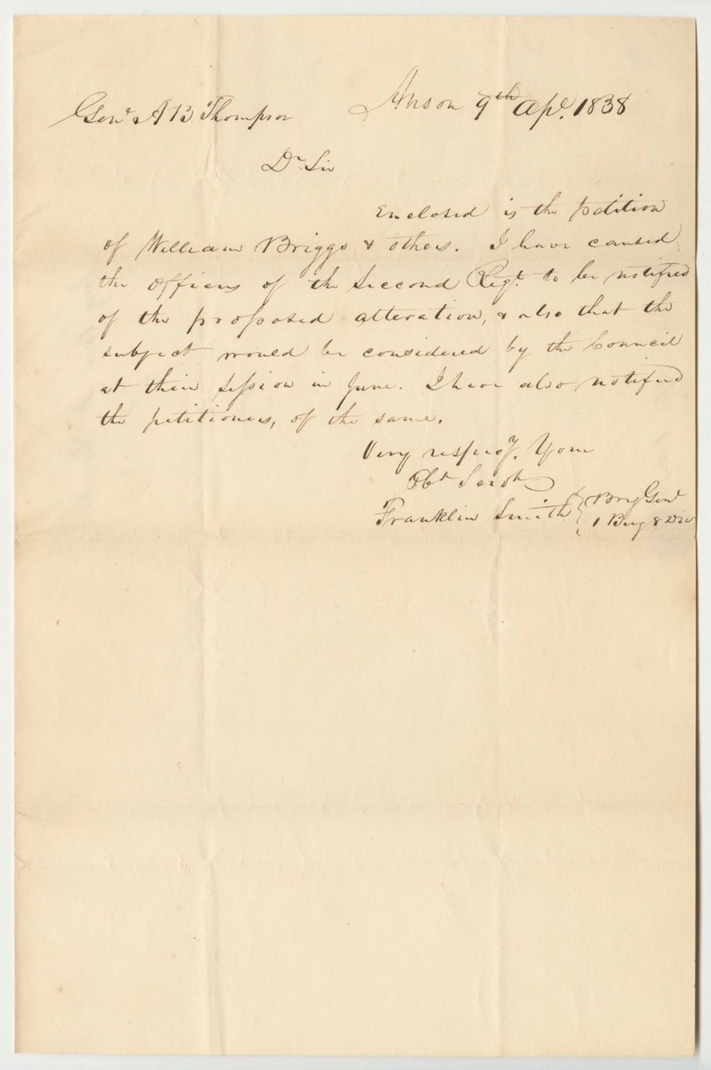 Miniature of Communication from Franklin Smith in Relation to the Petition of William Briggs and Others