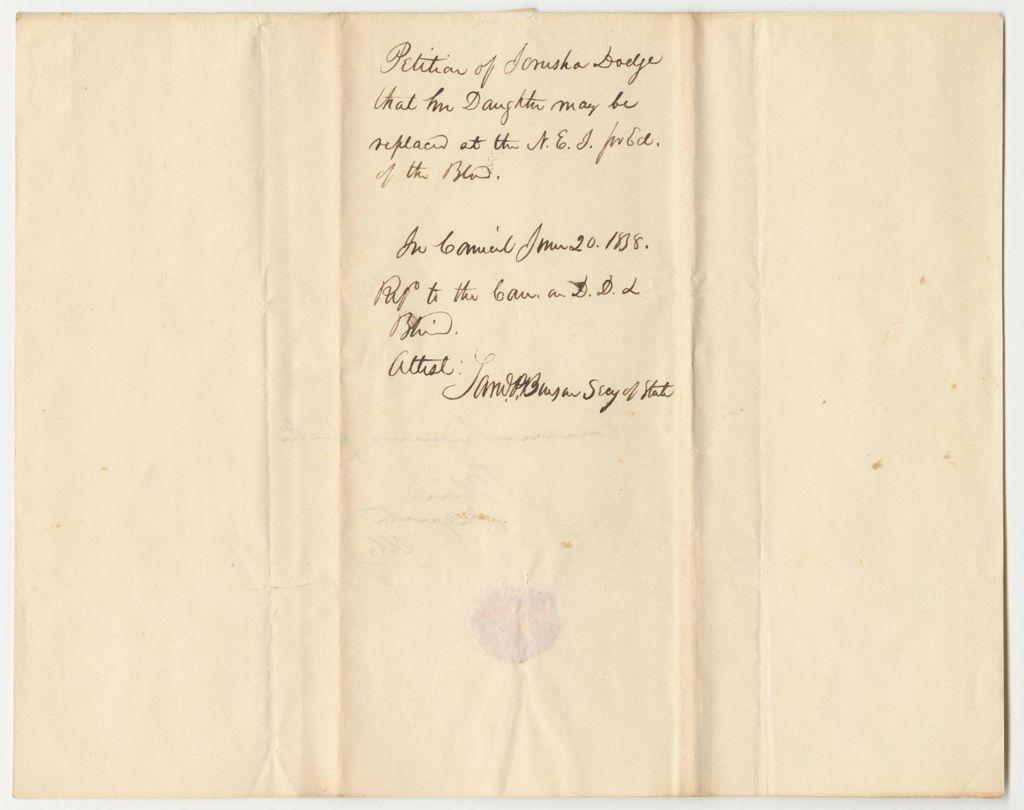 Miniature of Petition of Jonathon Dodge That His Daughter May Return to the New England Insitute for the Blind