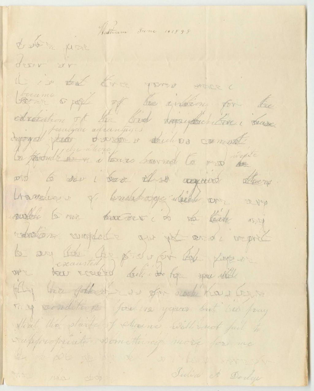 Miniature of Letter from Julia Ann Dodge, Requesting Support to Attend the New England Institute for the Blind