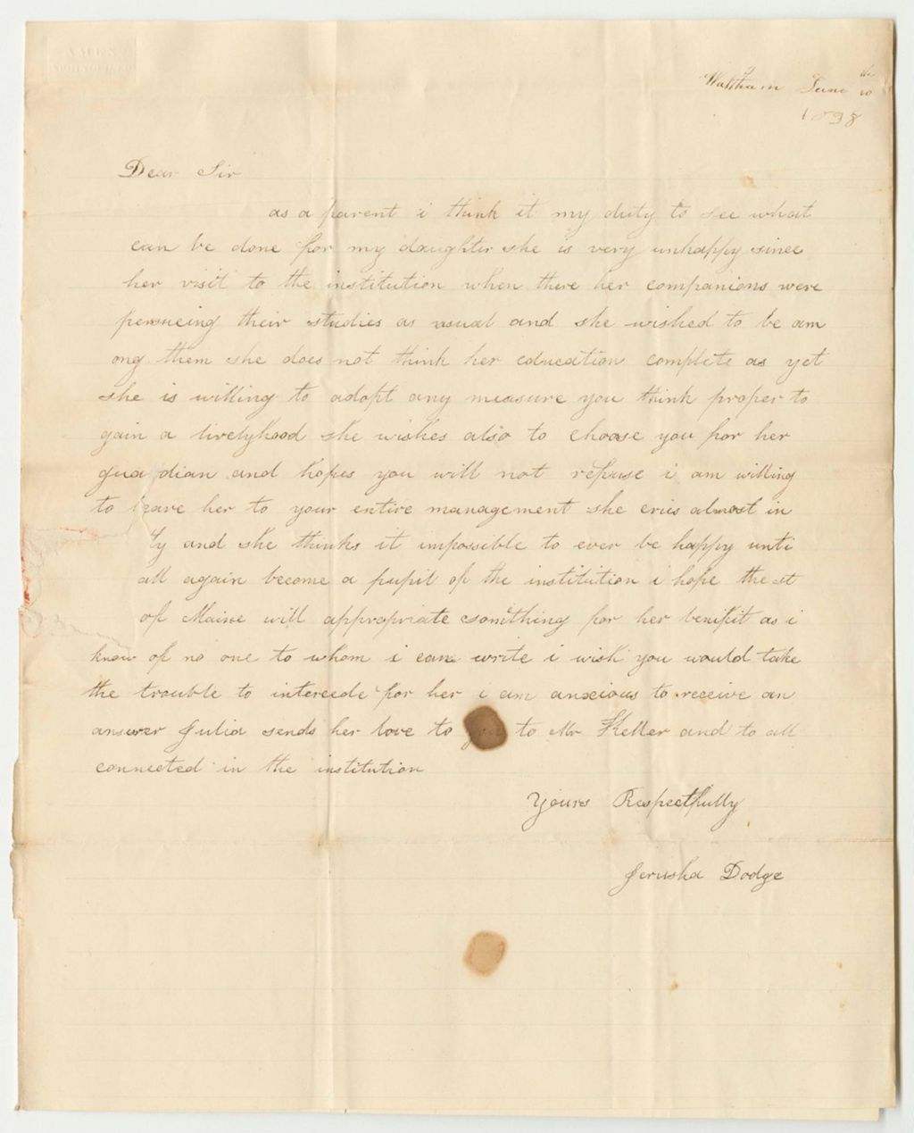 Miniature of Letter from Jerusha Dodge to Dr. Samuel G. Howe, Regarding Her Daughter's Return to the New England Insitute for the Blind