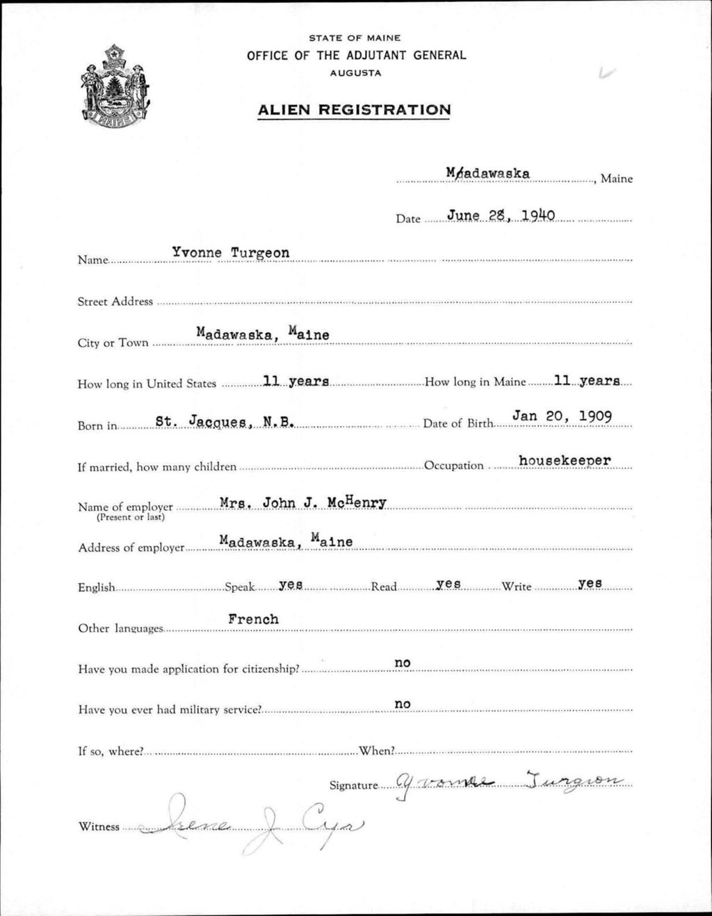 Miniature of Alien Registration- Turgeon, Yvonne (Madawaska, Aroostook County)