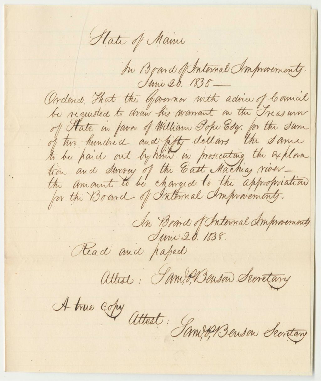 Miniature of Order of the Board of Internal Improvements That the Governor Draw a Warrant in Favor of William Pope for Expenditures in the Exploration and Survey of the East Machias River