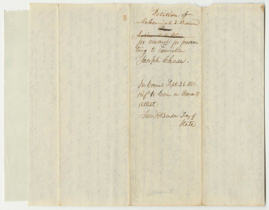 Miniature of Petition of Nehemiah S. Brainard for His Reward for Prosecuting Joseph Chase for Counterfeiting