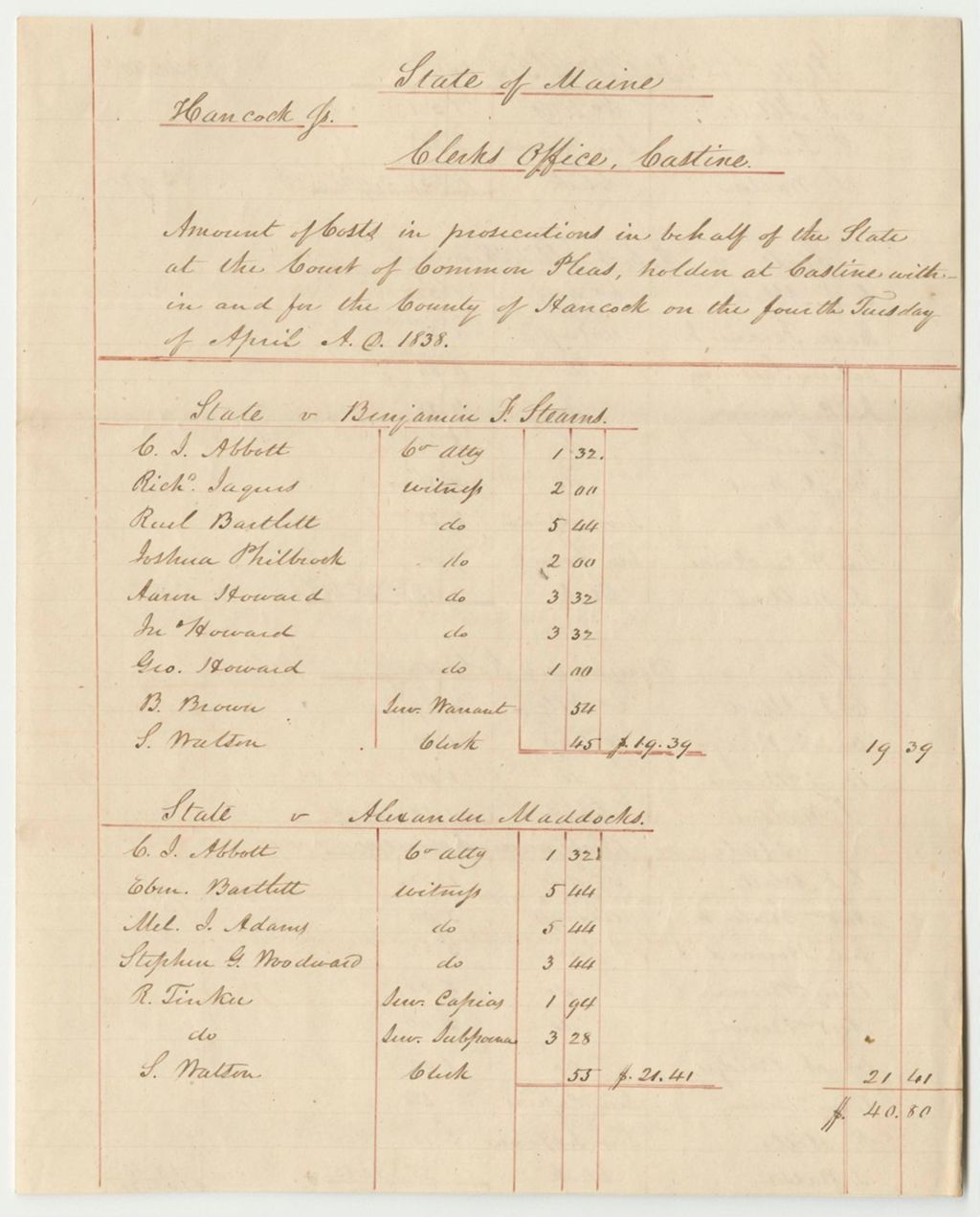Miniature of Bills of Cost at the Court of Common Pleas in Hancock County, April Term 1838