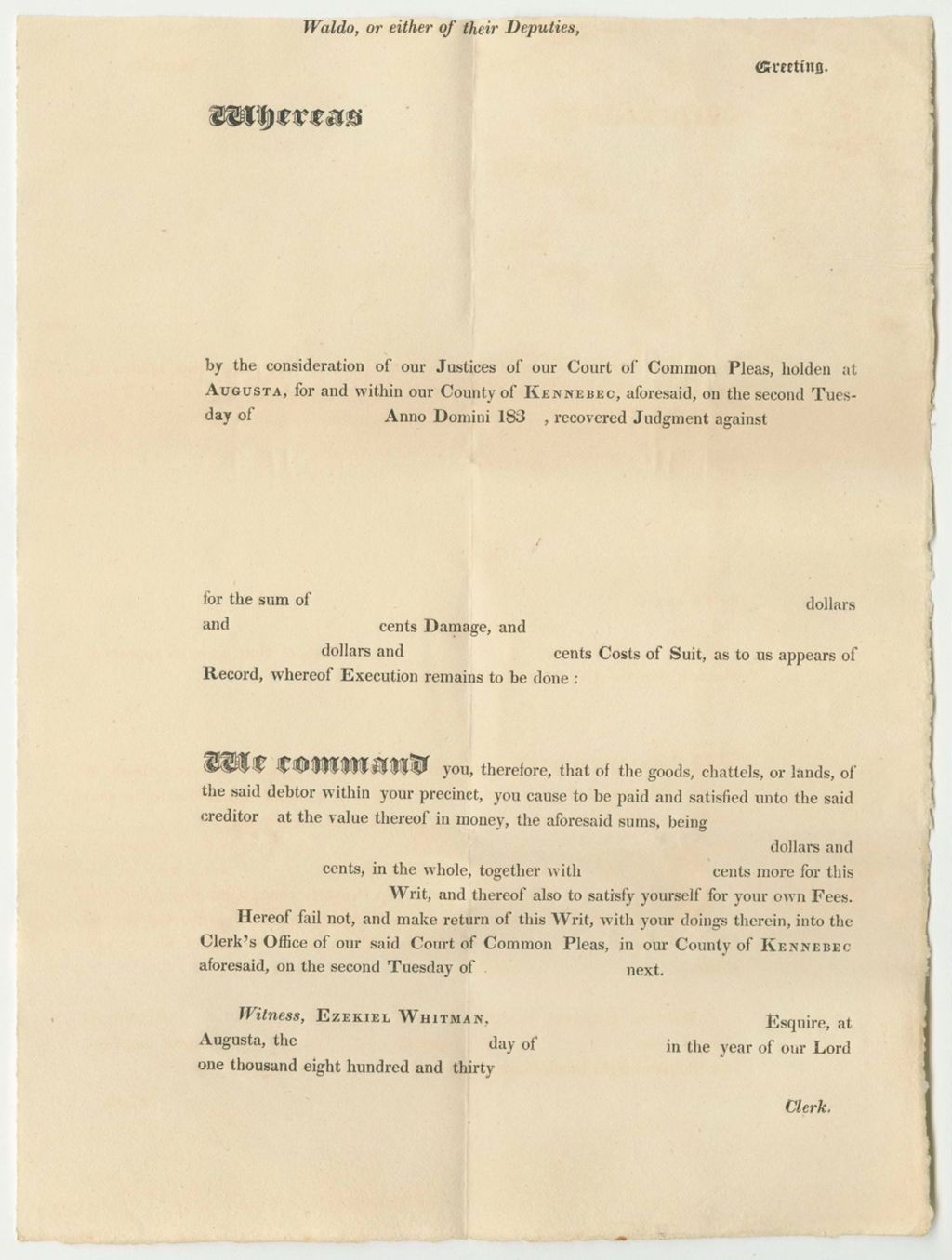 Miniature of Kennebec County Court of Common Pleas Blank Form