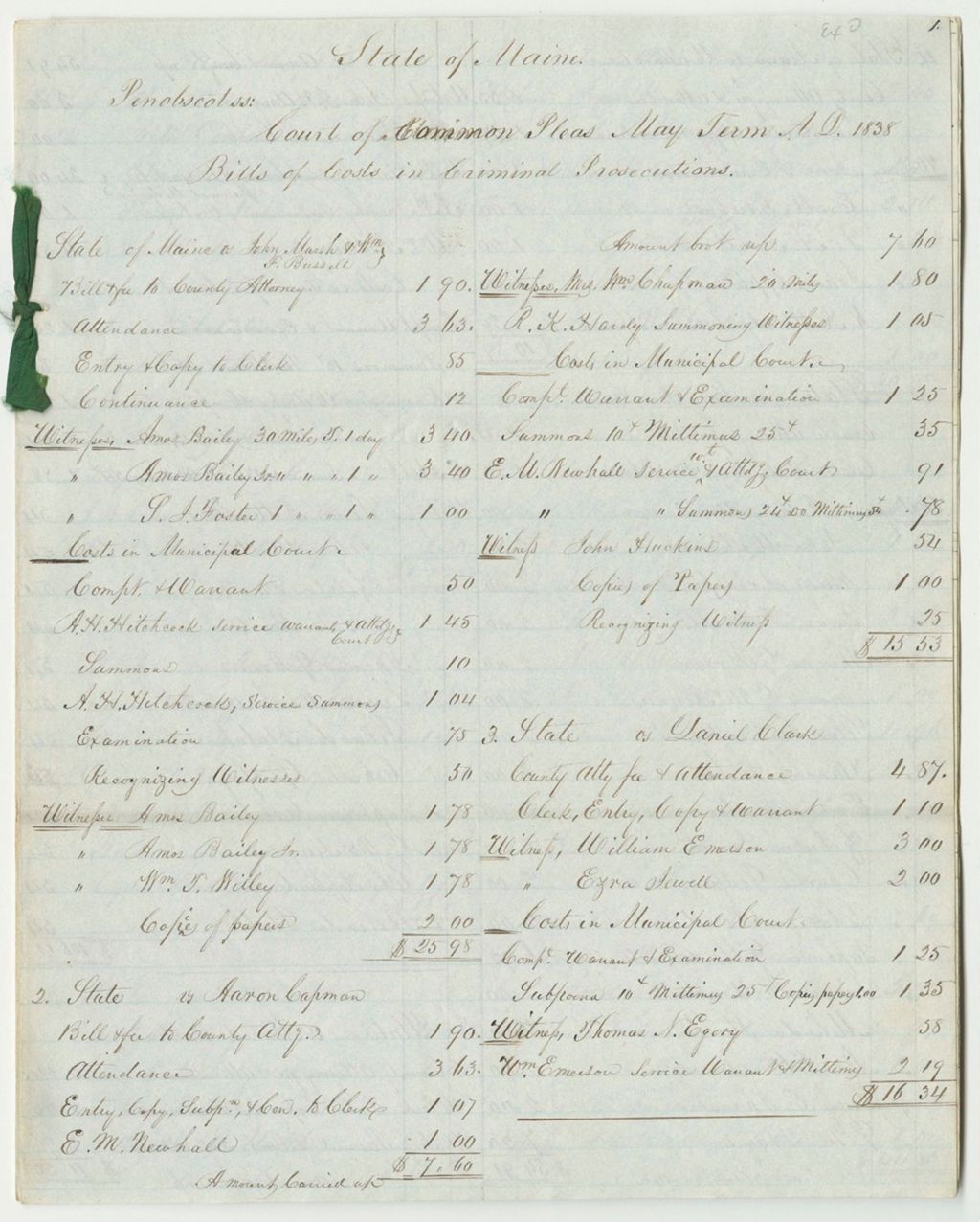 Miniature of Bills of Cost at the Court of Common Pleas in Penobscot County, May Term 1838