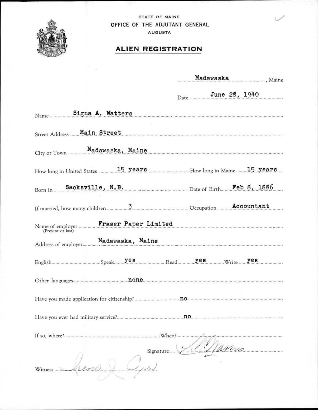 Miniature of Alien Registration- Watters, Signa A. (Madawaska, Aroostook County)