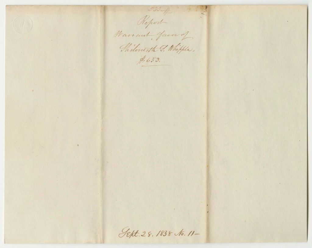 Miniature of Report 233: Warrant in Favor of Shilometh S. Whipple, Surveyor General, for Surveying and Lotting Public Lands