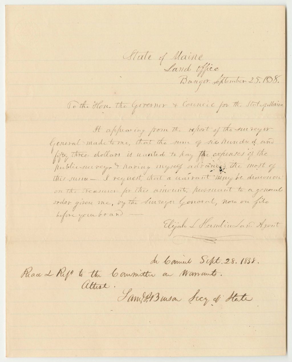 Miniature of Letter from Elijah L. Hamlin, Land Agent, Related to Expenses for Surveying and Lotting Public Lands
