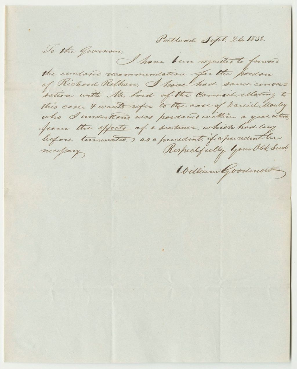 Miniature of Letter from William Goodenew Relating to the Petition for the Pardon Richard Relhan