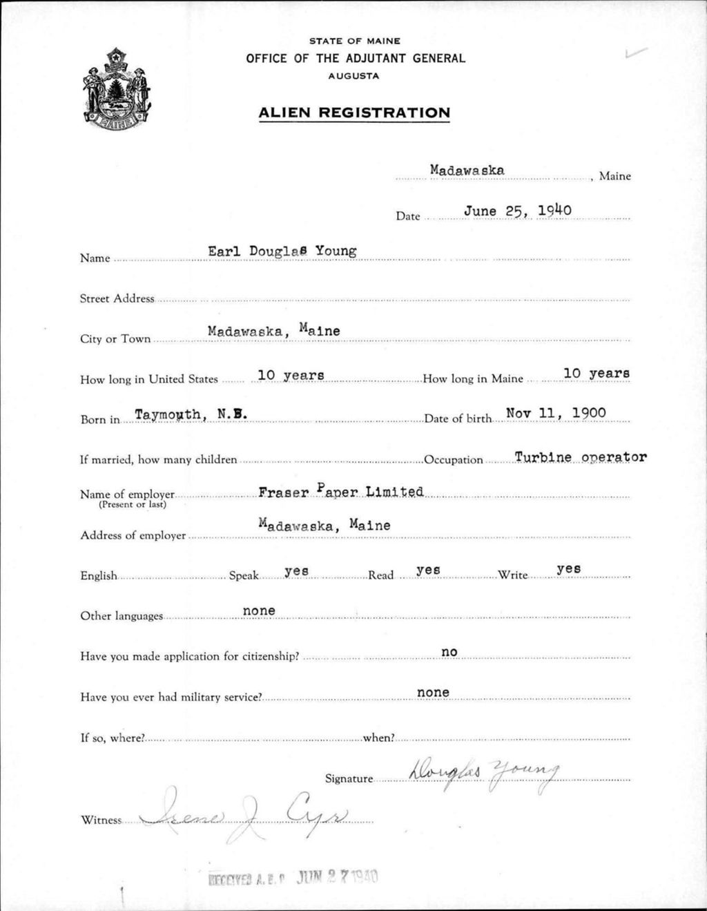 Miniature of Alien Registration- Young, Earl D. (Madawaska, Aroostook County)
