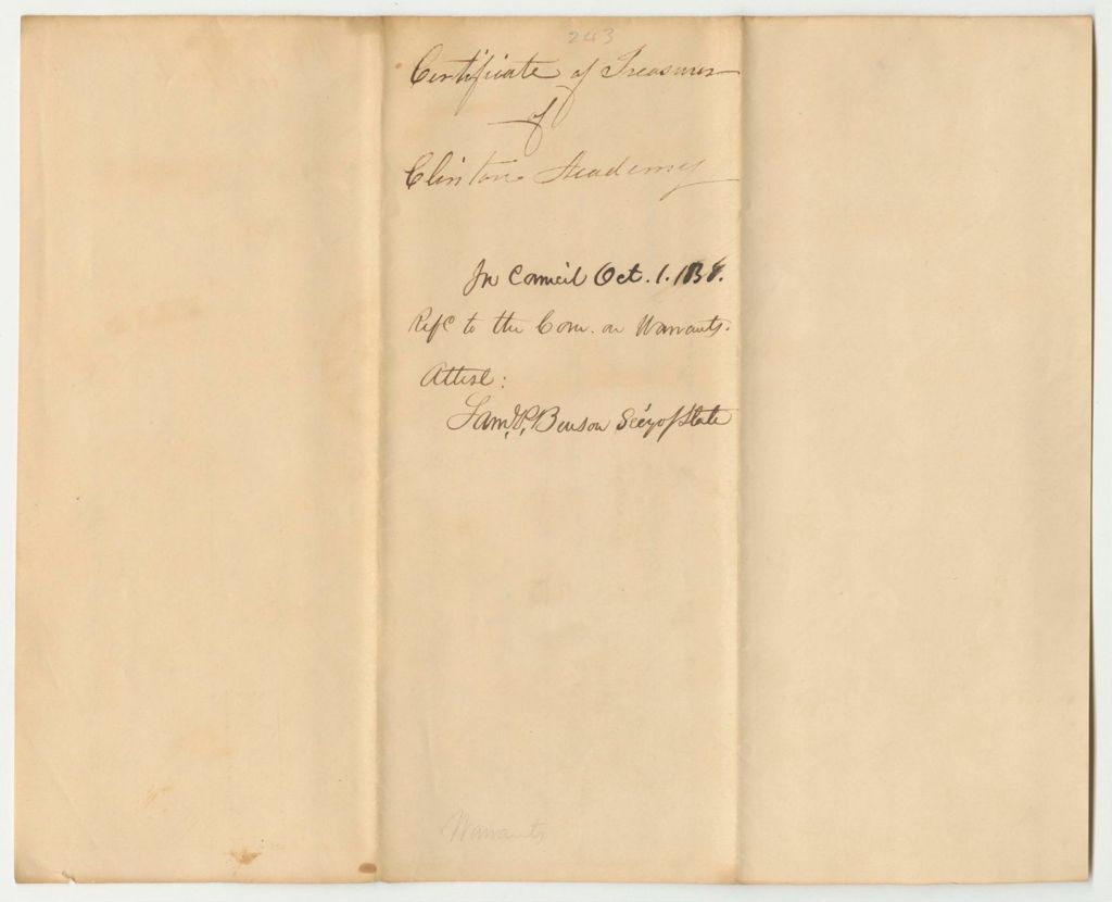 Miniature of Certificate of Asher Hinds, Treasurer of the Clinton Academy, for Benefits Under a "Resolve in Favor of Education"