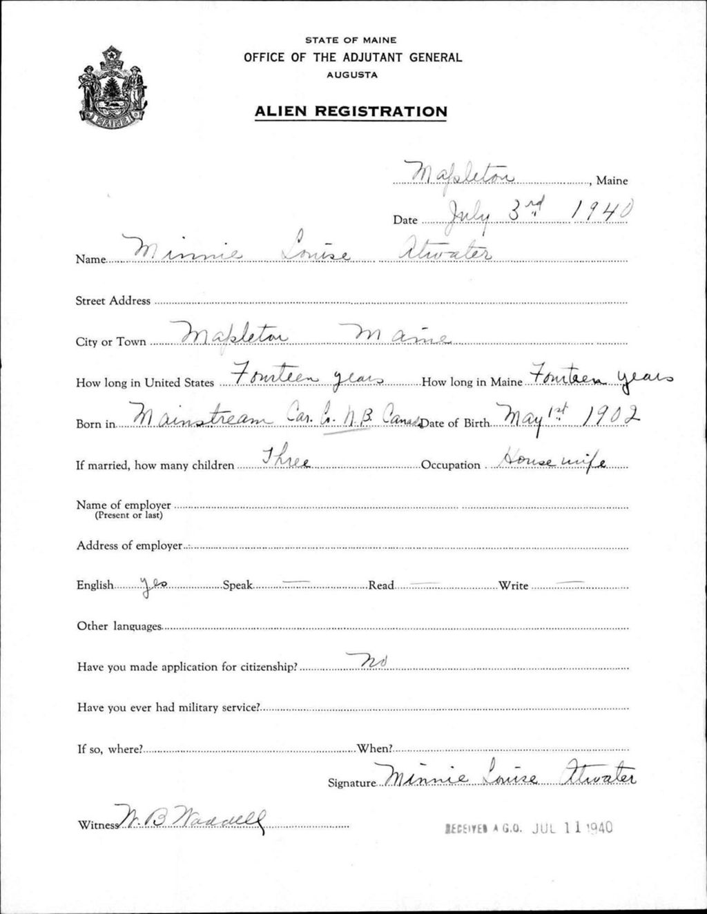 Miniature of Alien Registration- Atwater, Minnie L. (Mapleton, Aroostook County)