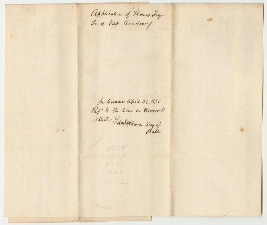 Miniature of Application of Thomas Frye, Treasurer of the Vassalboro Academy, for Benefits Under a "Resolve in Favor of Education"