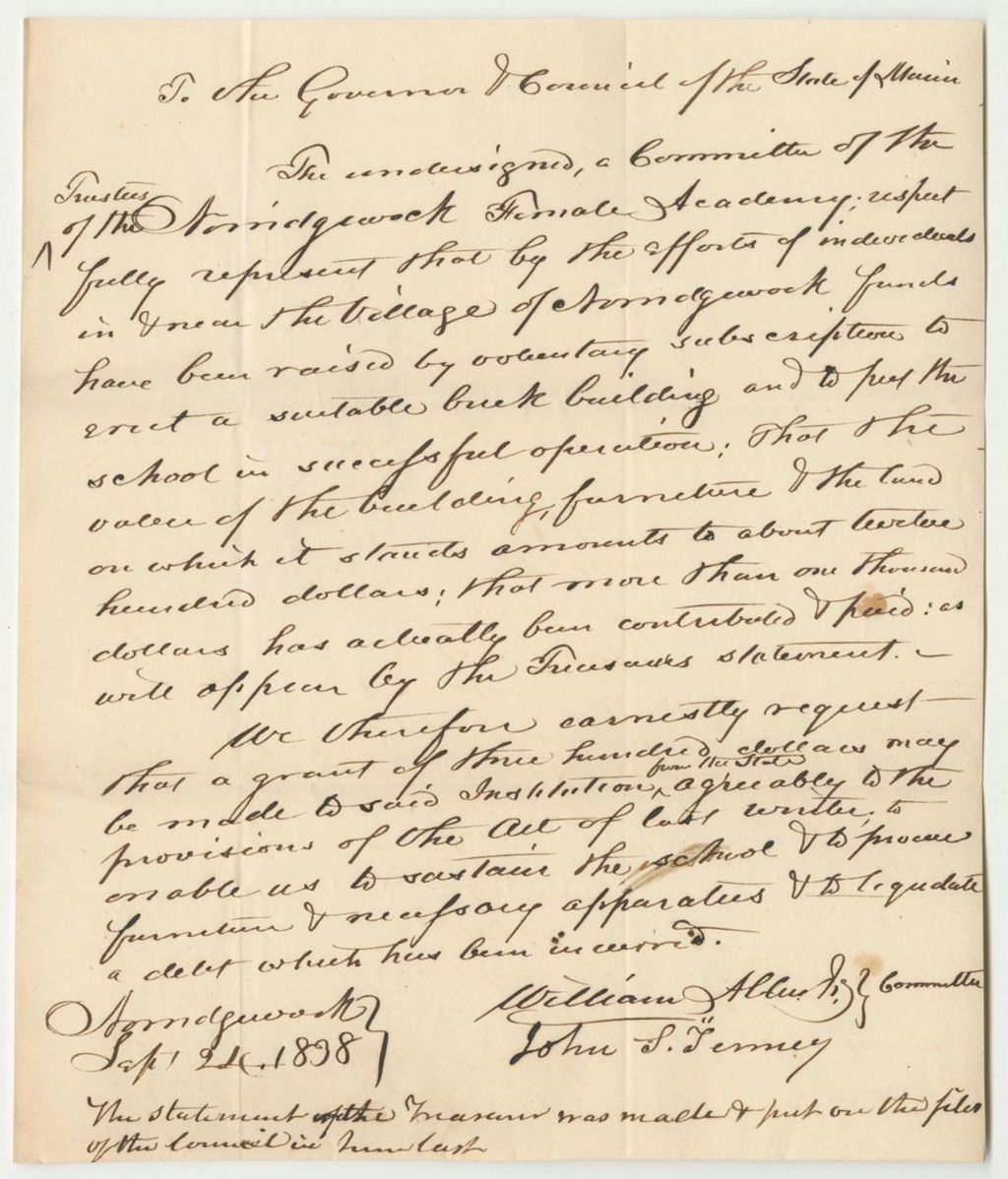 Miniature of Request from the Norridgewock Female Academy Board of Trustees for a Grant