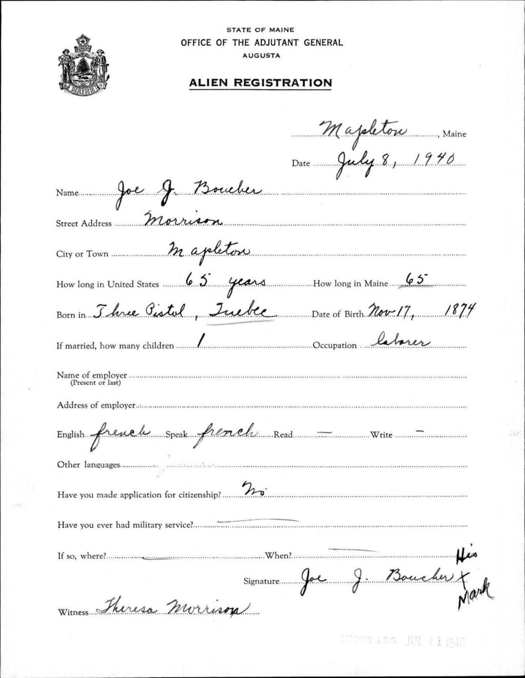 Miniature of Alien Registration- Boucher, Joe J. (Mapleton, Aroostook County)