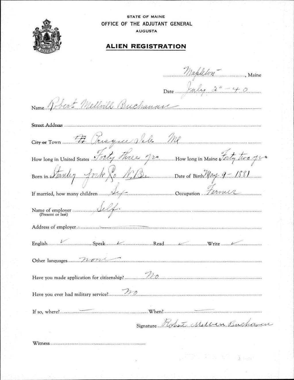Miniature of Alien Registration- Buchanan, Robert M. (Mapleton, Aroostook County)