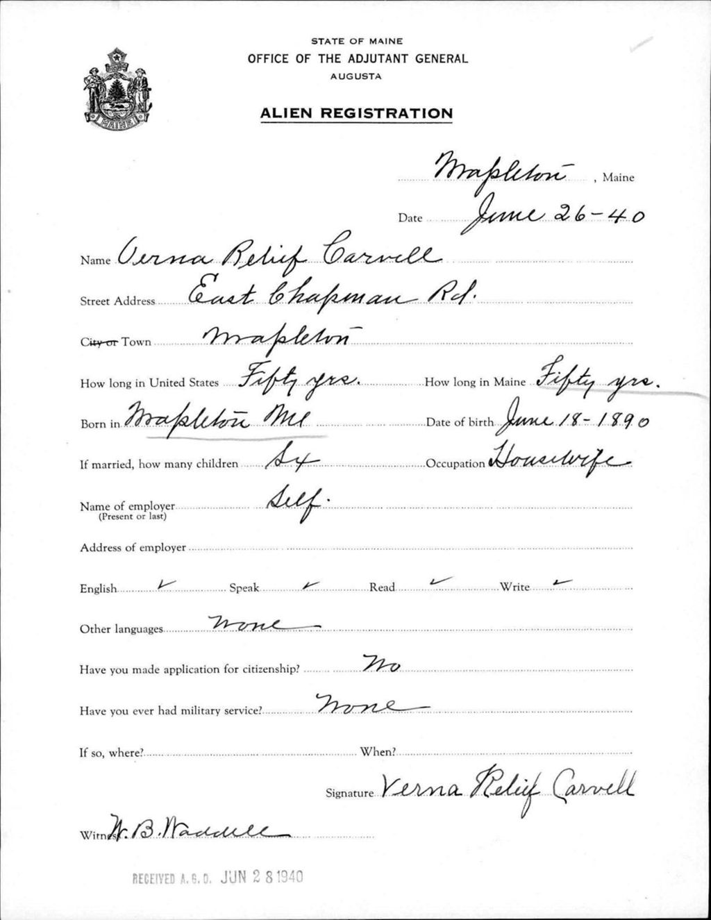 Miniature of Alien Registration- Carvell, Verna R. (Mapleton, Aroostook County)