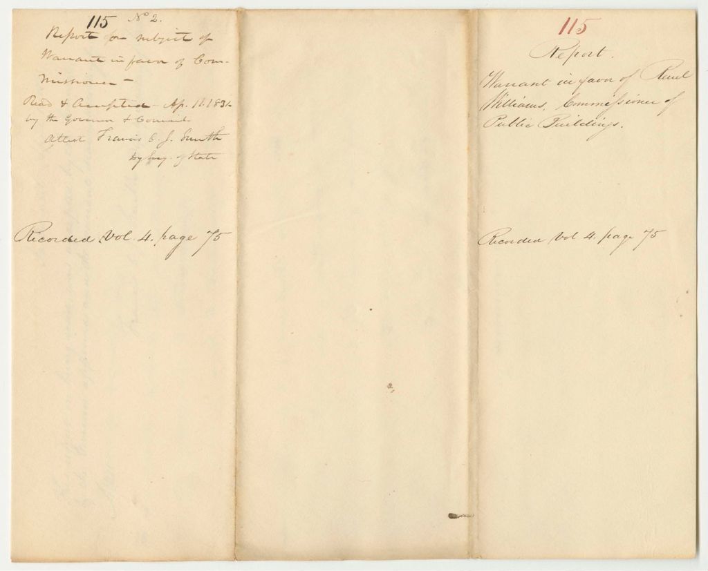 Miniature of Report 115: Report on the Warrant in Favor of Ruel Williams as Commissioner of Public Lands