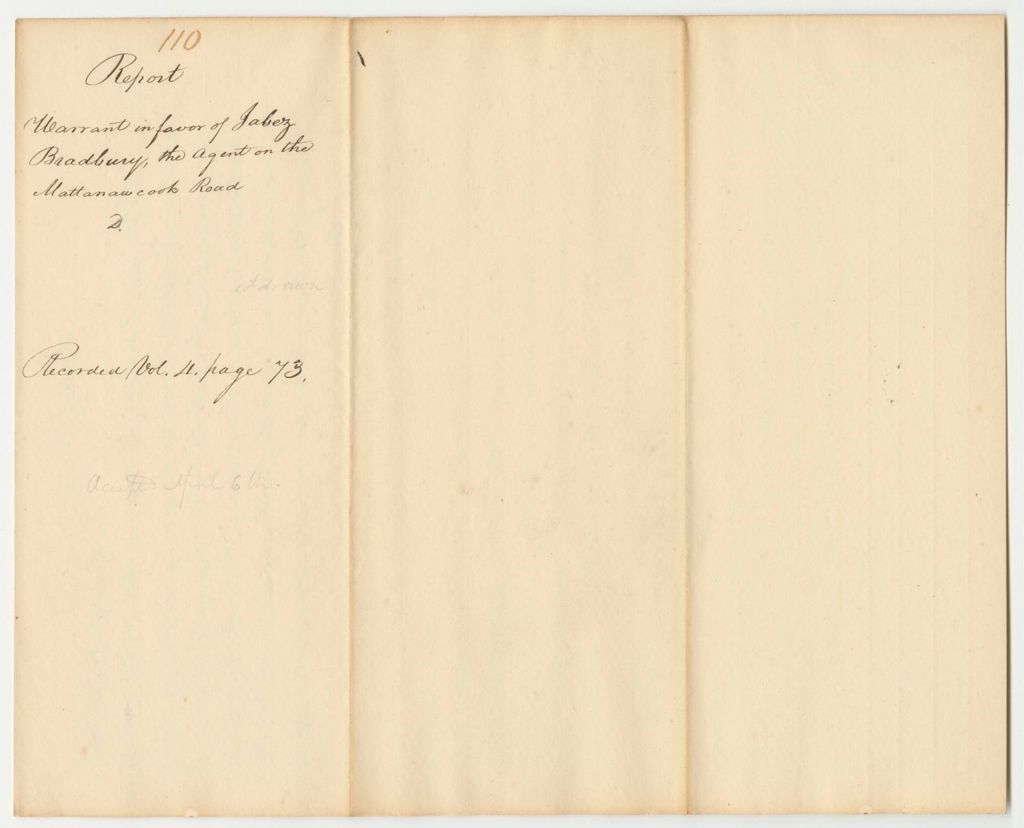 Miniature of Report 110: Report on the Warrant in Favor of Jabez Bradbury, Agent on the Mattanawcook Road