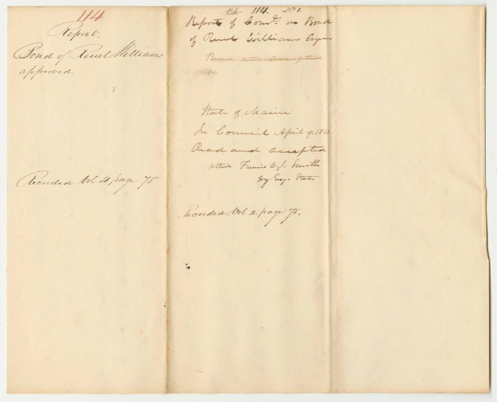 Miniature of Report 114: Report on the Bond of Ruel Williams as Commissioner of Public Lands