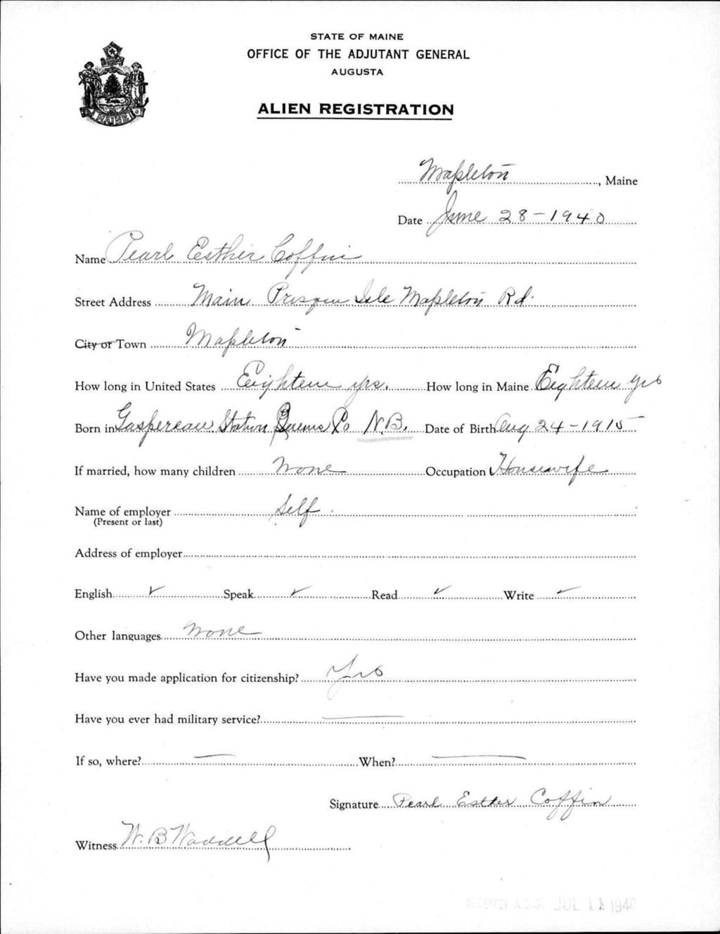 Miniature of Alien Registration- Coffin, Pearl E. (Mapleton, Aroostook County)
