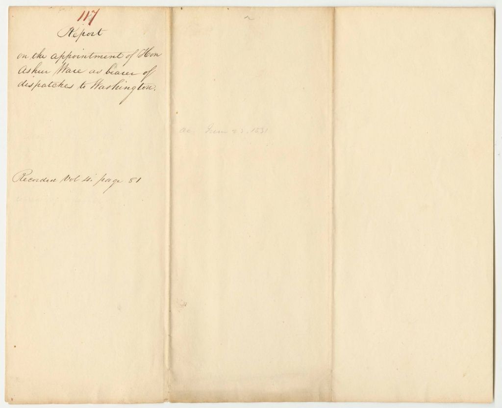 Miniature of Report 117: Report on the Appointment of Hon. Asher Ware as Bearer of Dispatches to Washington
