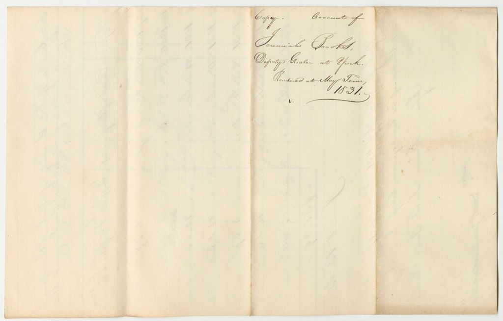 Miniature of Account of Jeremiah Brooks, Keeper of the State's Gaol in York in the County of York, of the Expenses Incured for Supporting Prisoners Therein Confined Upon Charge or Conviction of Crimes and Offences Against the State, from October 12th 1830 to May 24th 1831