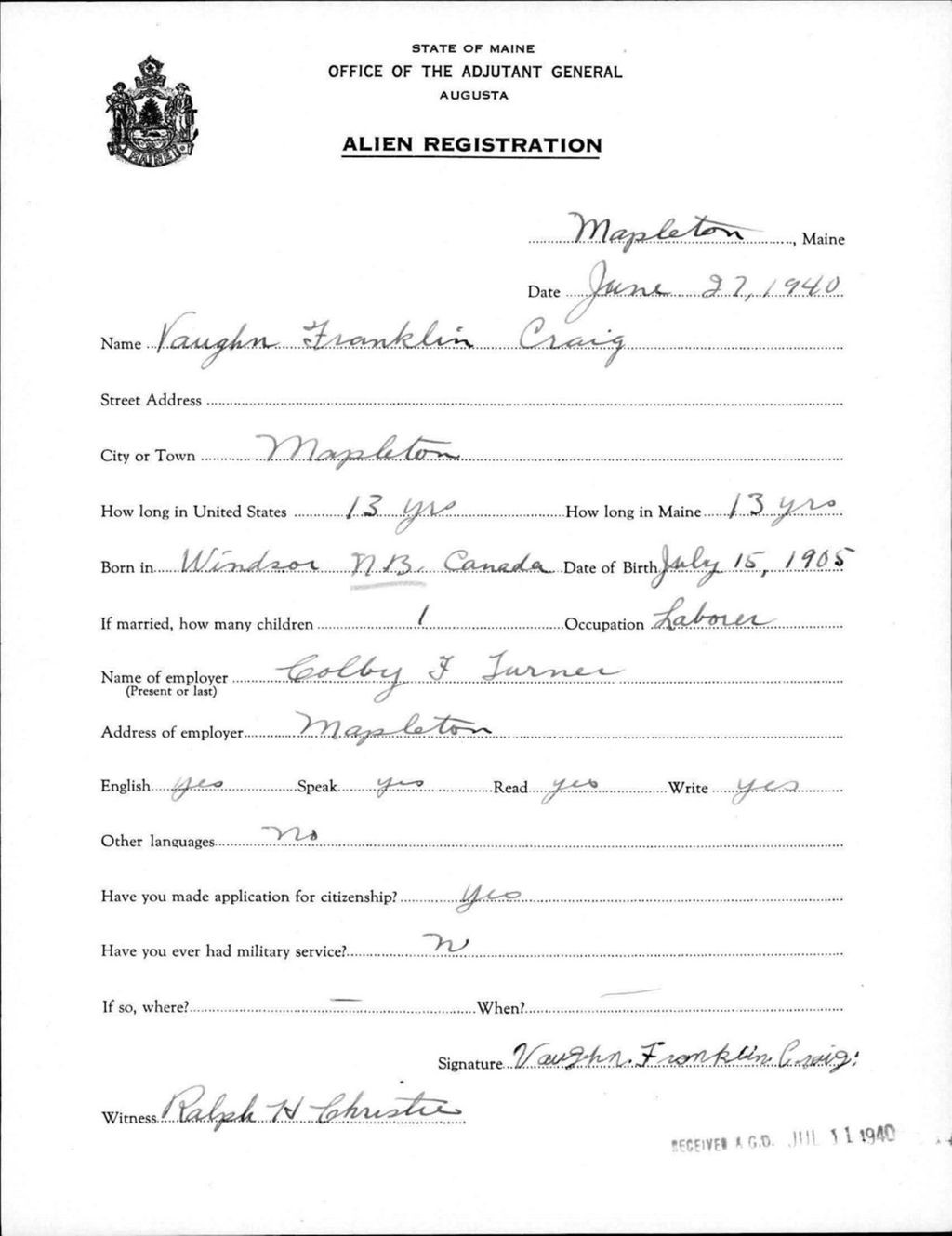 Miniature of Alien Registration- Craig, Vaughn F. (Mapleton, Aroostook County)