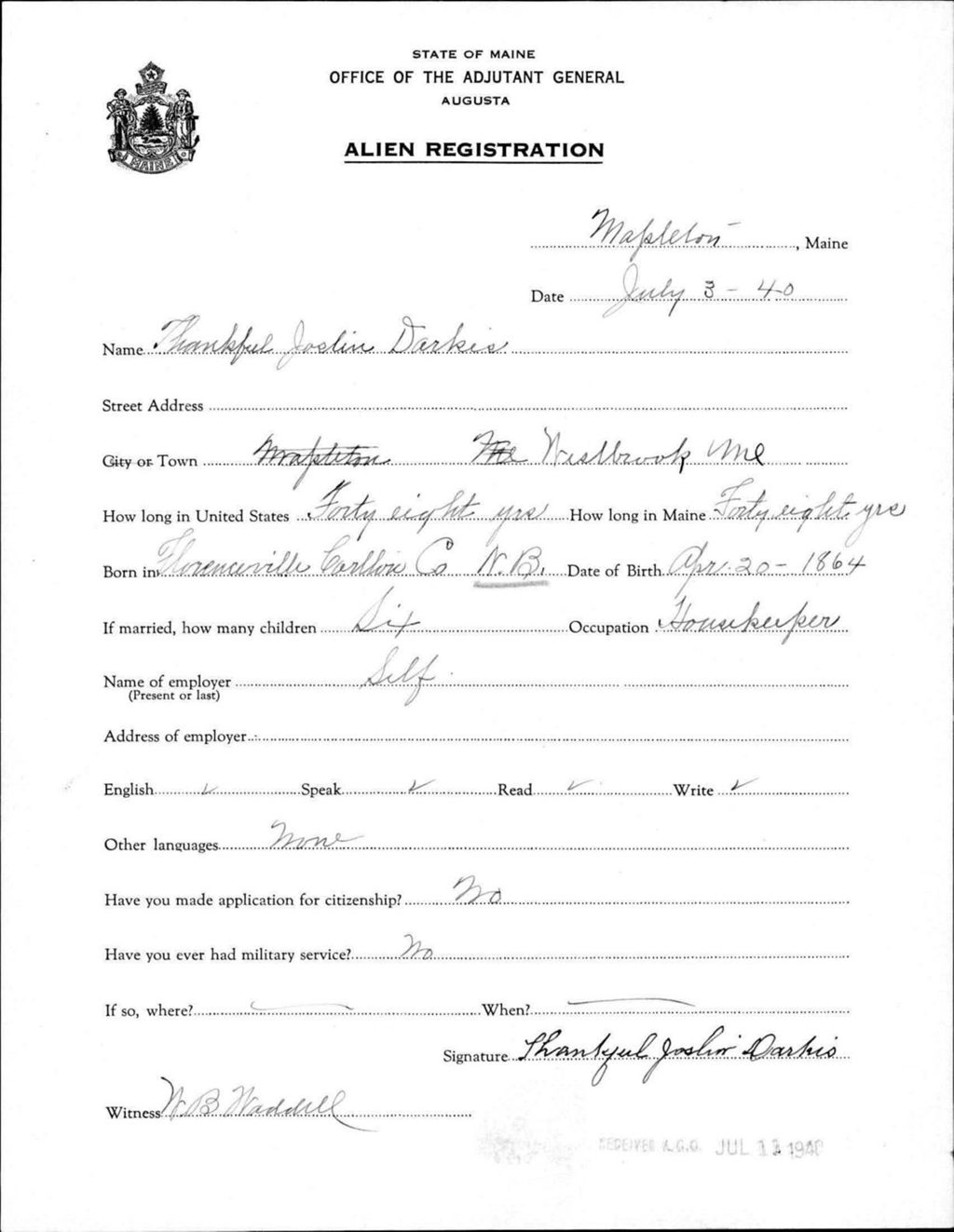 Miniature of Alien Registration- Darkes, Thankful J. (Mapleton, Aroostook County)