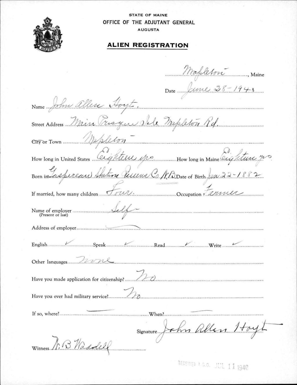 Miniature of Alien Registration- Hoyt, John A. (Mapleton, Aroostook County)