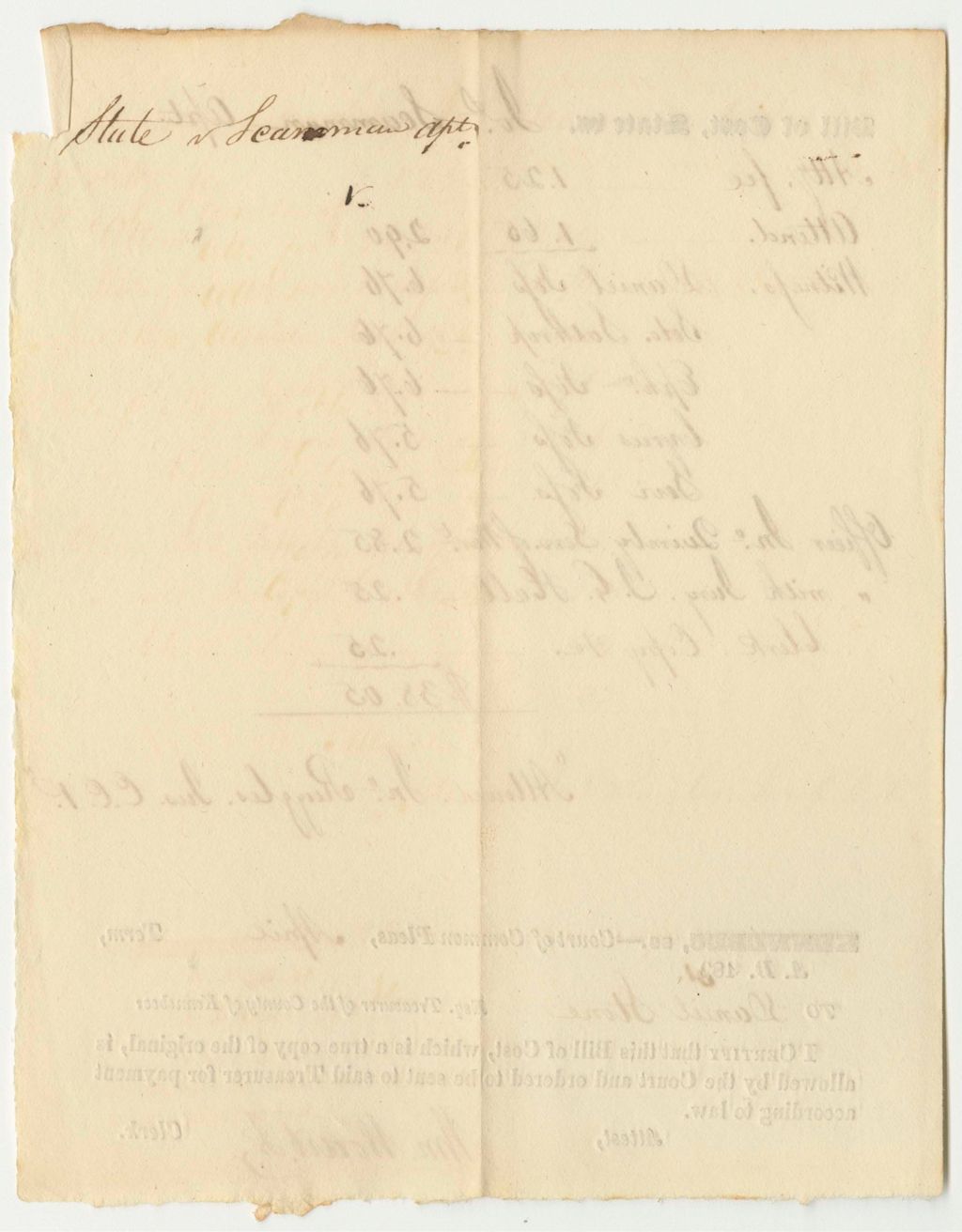 Miniature of Bill of Cost at the Court of Common Pleas in Kennebec, for State v. Joseph Seamann