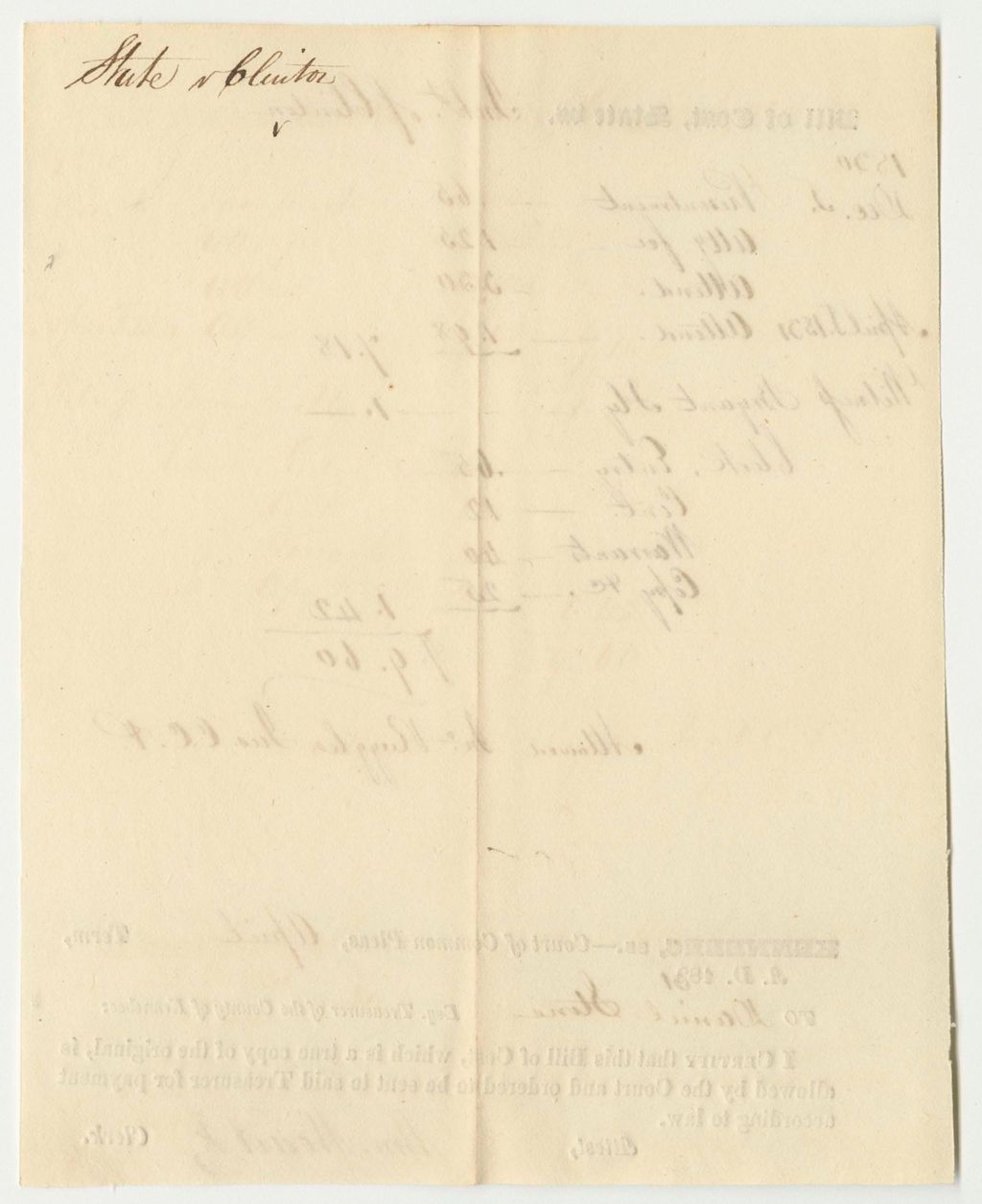 Miniature of Bill of Cost at the Court of Common Pleas in Kennebec, for State v. the Inhabitants of Clinton