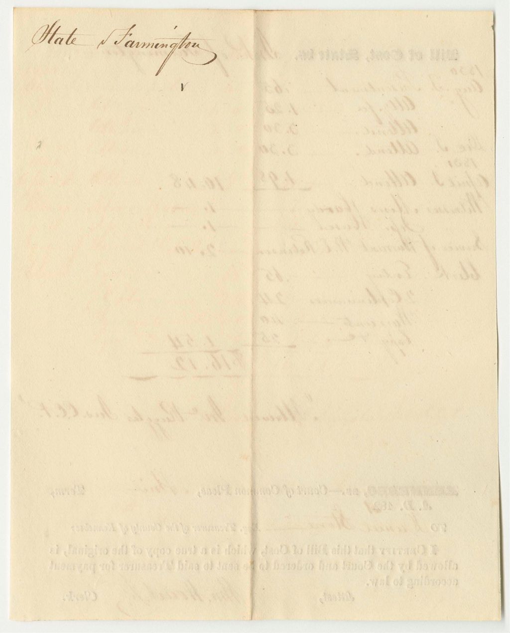 Miniature of Bill of Cost at the Court of Common Pleas in Kennebec, for State v. Inhabitants of Farmington