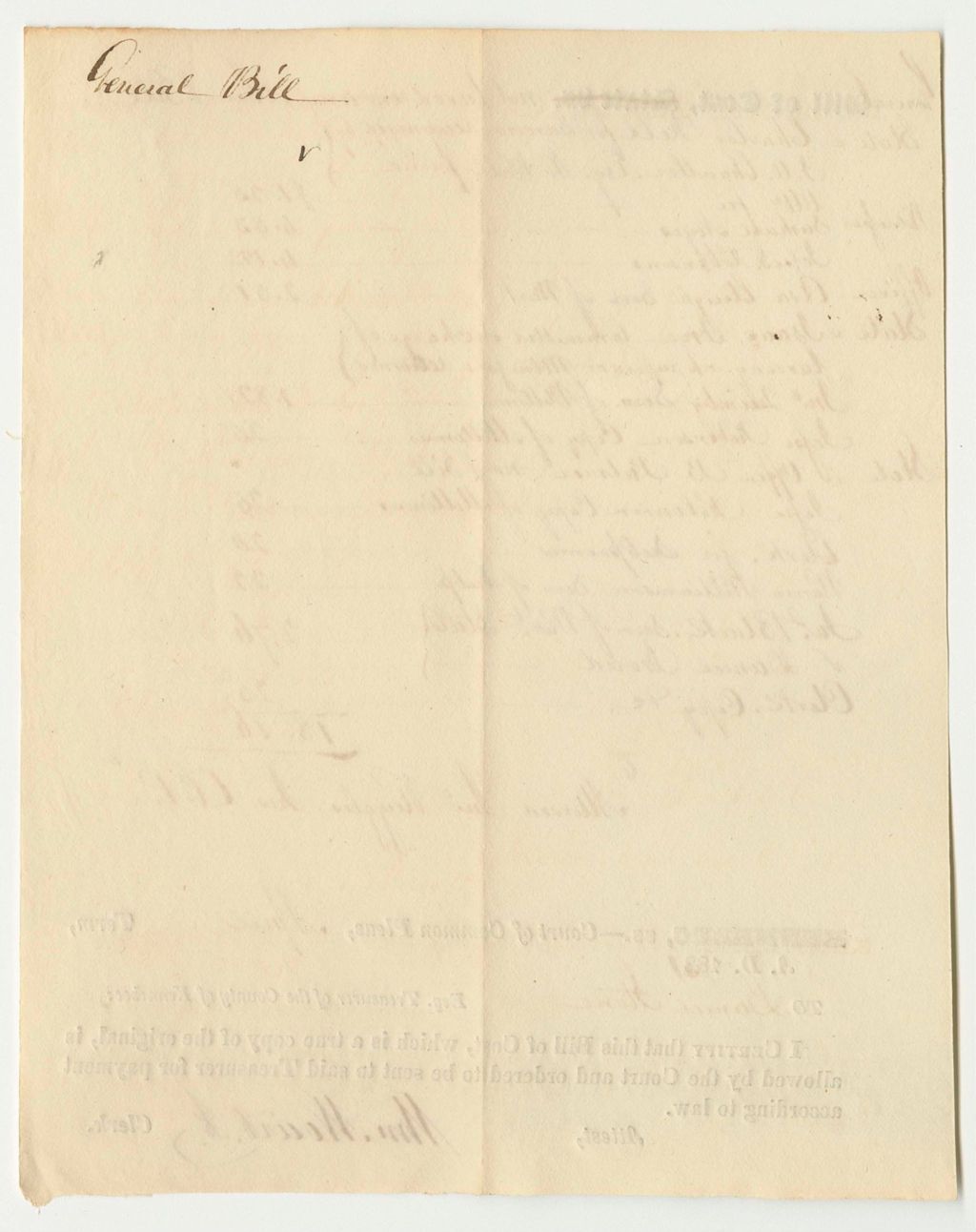 Miniature of General Bill of Costs Not Taxed in Any Other Bill, for State v. Charles Kell for Larceny