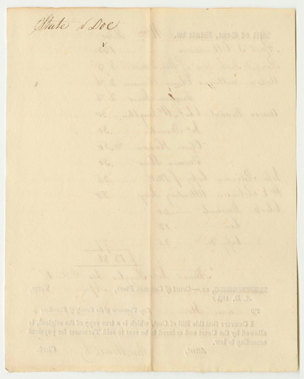 Miniature of Bill of Cost at the Court of Common Pleas in Kennebec, for State v. William Doe