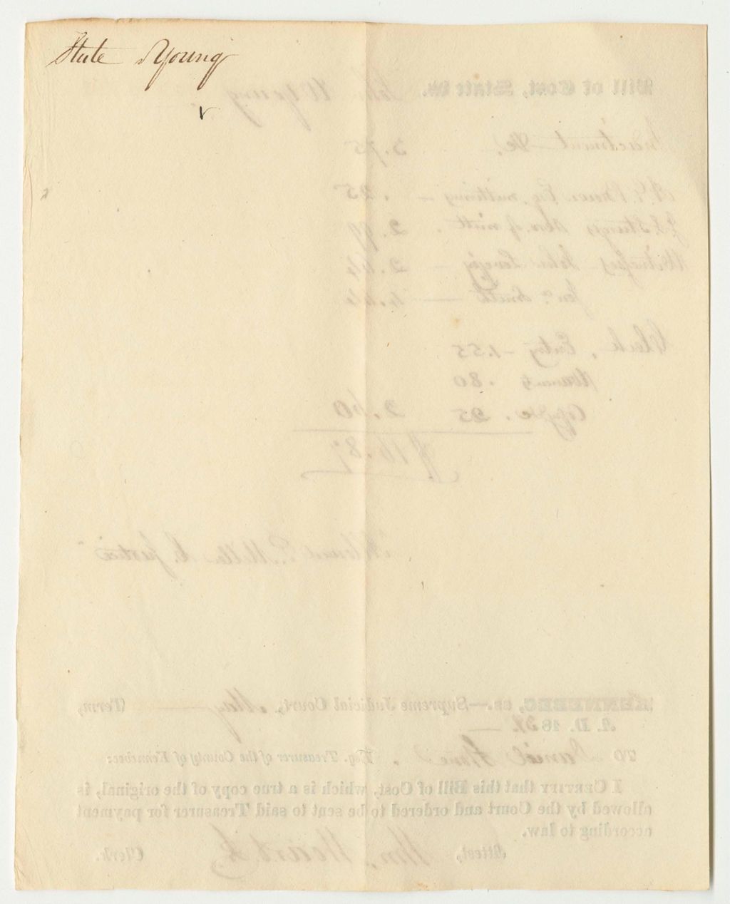 Miniature of Bill of Cost at the Supreme Judicial Court in Kennebec, for State v. John W. Young