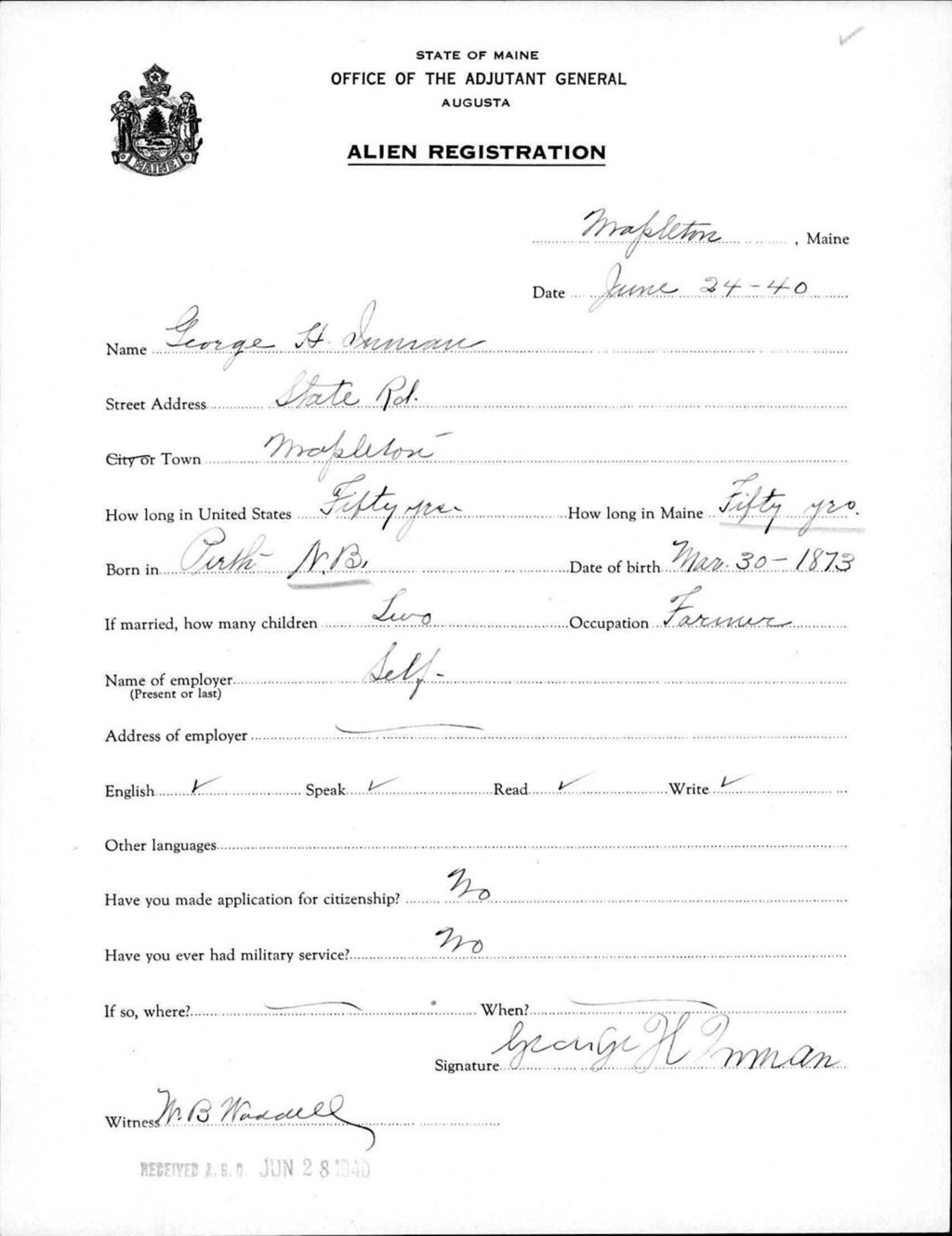 Miniature of Alien Registration- Inman, George H. (Mapleton, Aroostook County)