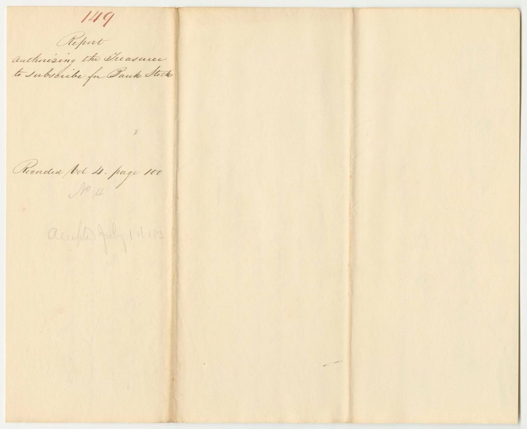 Miniature of Report 149: Report Authorizing the Treasurer to Subscribe for Bank Stock