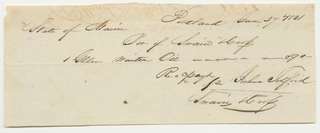 Miniature of Swain & Cross's Bill for Oil, Paid by Joshua Tolford