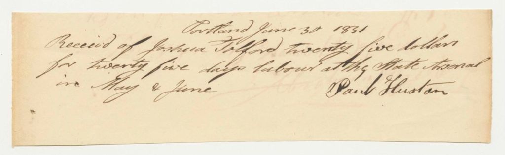 Miniature of Paul Huston's Bill for Labor at the State Arsenal, Paid by Joshua Tolford