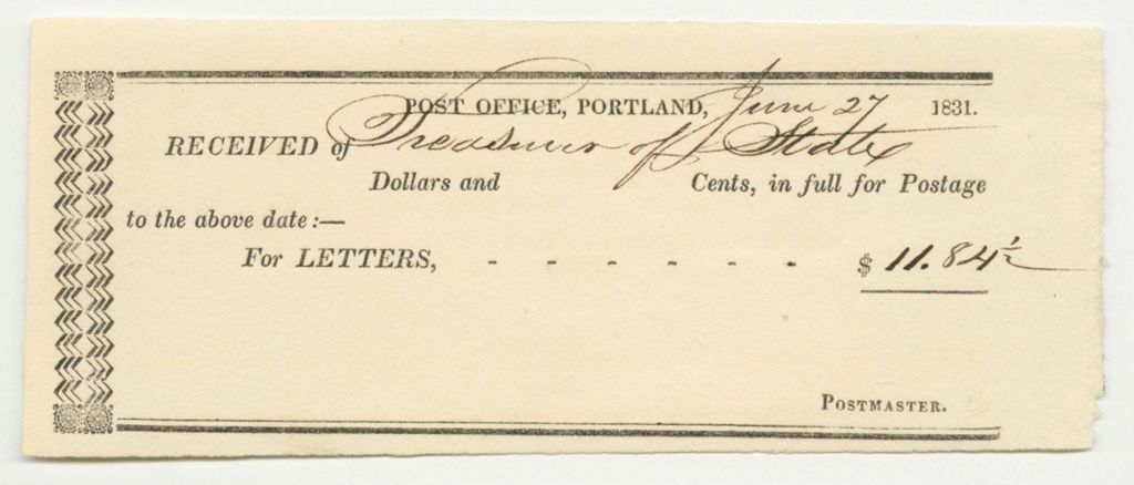 Miniature of Postland Post-Office Receipt for Postage, Paid by the Treasurer of State
