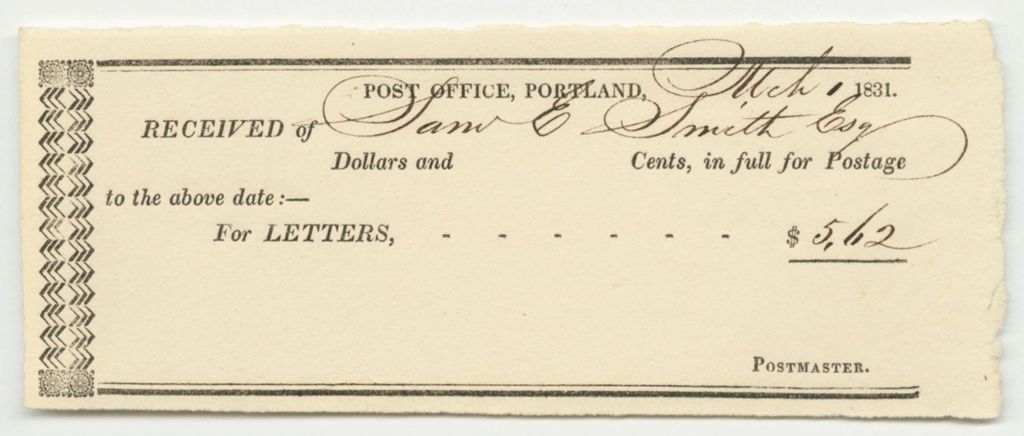 Miniature of Postland Post-Office Receipt for Postage, Paid by Samuel E. Smith