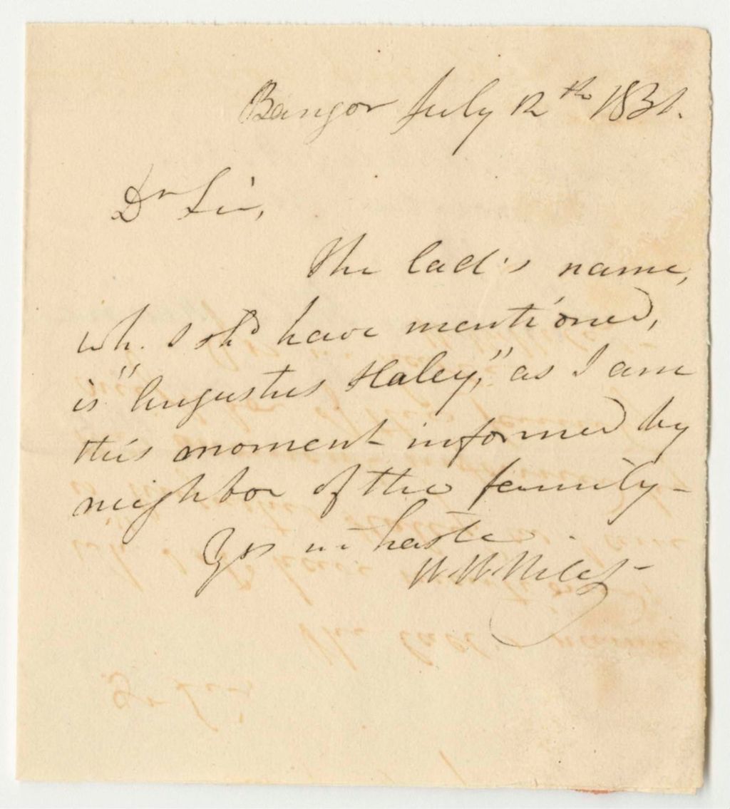 Miniature of Note from W.W. Niles, in Relation to Augustus Haley
