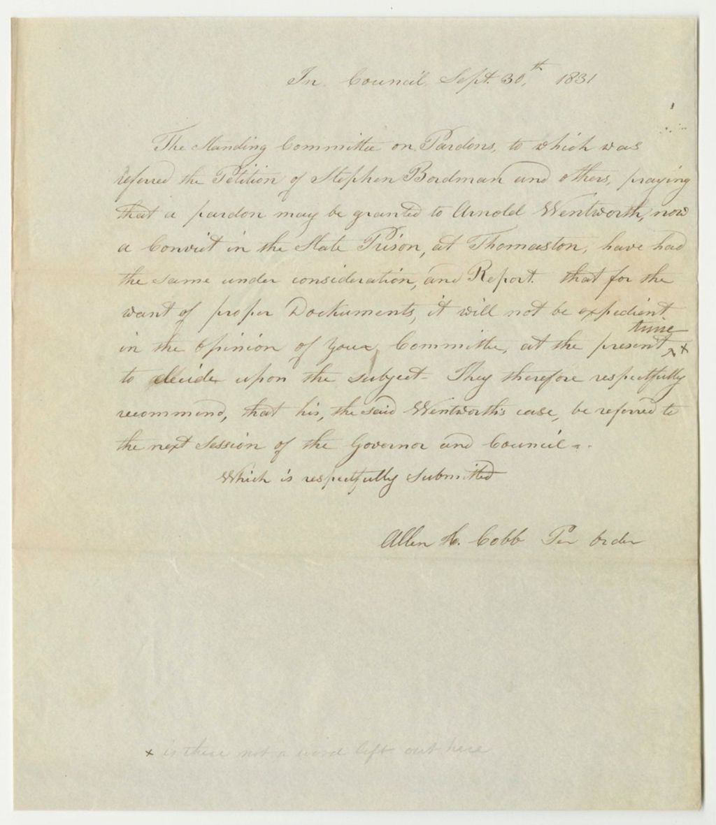 Miniature of Draft of the Report on the Petitions of Stephen Bordman for the Pardon of Arnold Wentworth