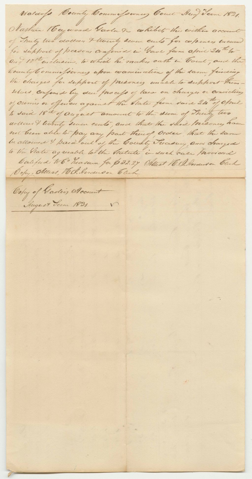 Miniature of Account of Nathan Heywood, Under Keeper of the Gaol in Belfast in the County of Waldo, for the Support of Persons Therein Confined on Charges or Conviction of Crimes and Offences Against the State, August Term 1831